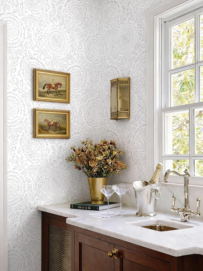 Ismoon Floral Peel and Stick Wallpaper Boho Grey and White Contact Paper | 17.3x393in Light Gray Wall Paper Textured Self Adhesive Removable Wallpaper for Bedroom Kitchen Renter Friendly Vinyl - Image 2