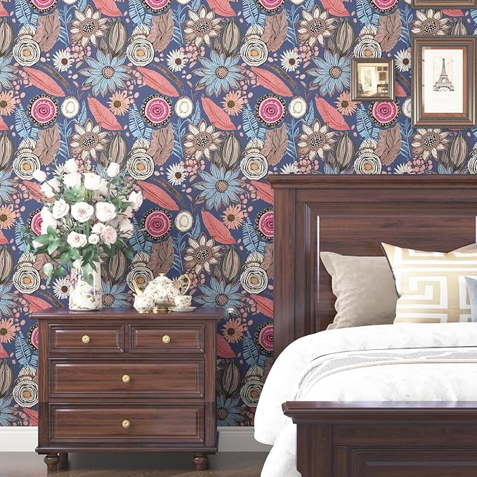 Laatse Boho Wallpaper Peel and Stick 17.5"x118", Blue Pink Contact Paper | Self Adhesive/Removable/Waterproof/Thick Vinyl Wall Paper for Bathroom Bedroom Shelf Cabinet Drawer,Prepasted,Easy Peel - Image 2
