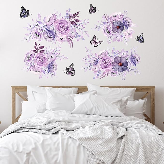 Zonon 6 Pcs Flower Wall Decals Peel and Stick Sticker, Flower and Butterfly | Vinyl Removable Wall Stickers & Mural, Rose and Butterfly Wall Decals, Purple Floral Decor for Bedroom, Living Room - Image 2