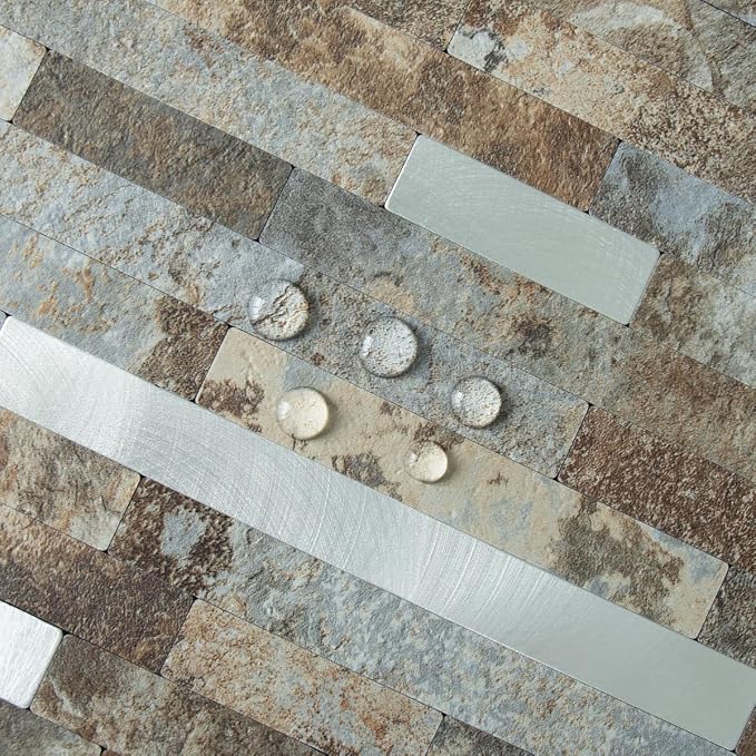 AULIGET 2 Sheets Beige & Brown Slate Peel and Stick Backsplash, PVC Mixed Metal Silver Wall Tile Stick on Backsplash for Kitchen and Bathroom - Image 3