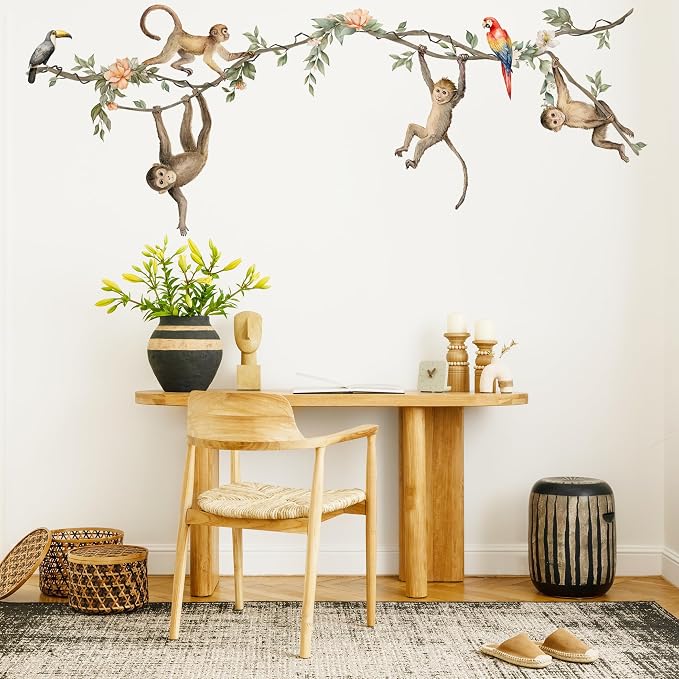 Jungle Monkey Wall Decals, Removable Jungle Animal Monkey Parrot Vine Wall Art Decor for Kids, Boys and Girls Room, Bedroom & Toddler Room Decor (Monkey Vine Wall Decals) - Image 3