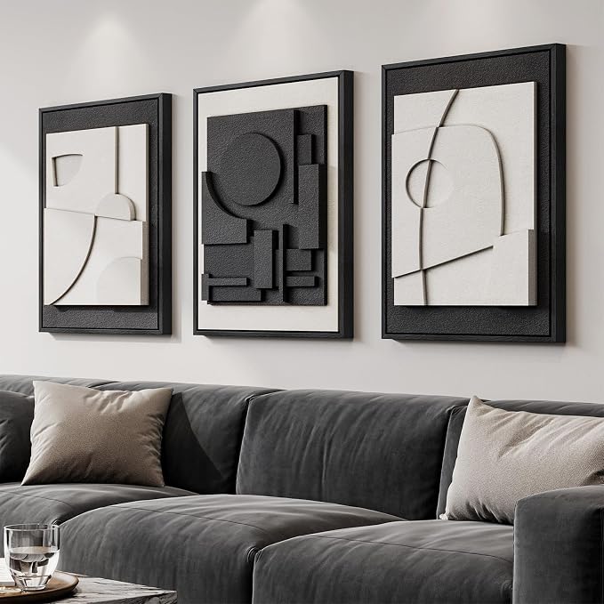 Large Framed Black and White Modern 3D Abstract Wall Art Set | Solid wood frame, Textured paintings, 3 piece 20x30 big artwork for walls, Pictures wall decor for living room bedroom office - Image 2