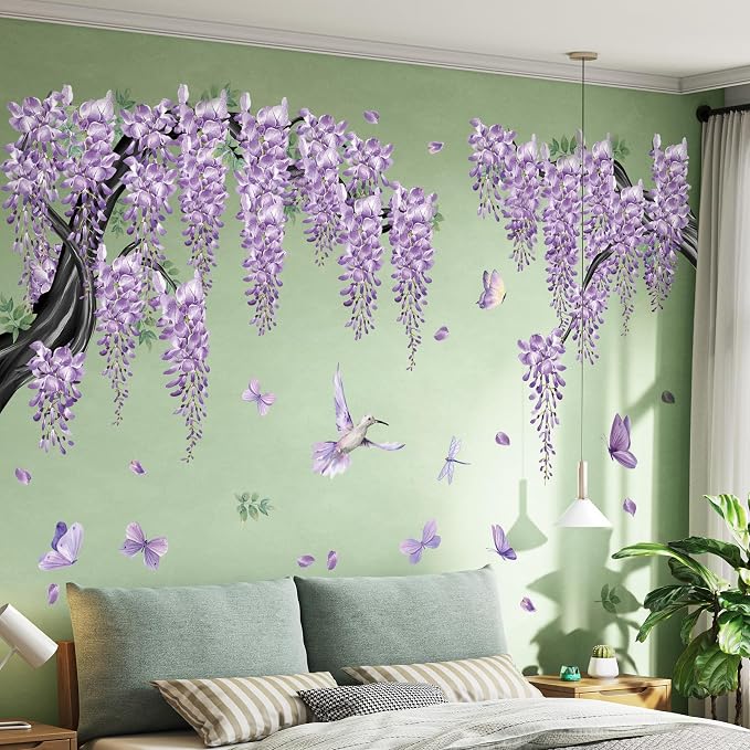 Amaonm 65x42 Inch Large Watercolor Black Tree Branch Wall Decals Peel & Stick Wall Stickers with Purple Flowers Vines, Butterflies & Birds, DIY Removable Wall Art for Living Room, Nursery Decor - Image 5