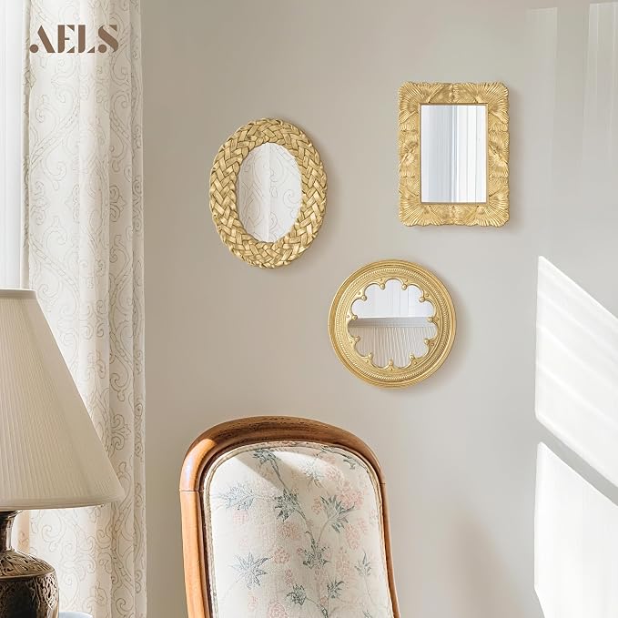 AELS 3 Pack Small Antique Gold Mirror Wall Decor, Wall Hanging Mirror Decor, Luxury Home Decor, Vintage Wall Mirror Set of 3, Small Decorative Mirrors for Living Room Entryway Bedroom - Image 2