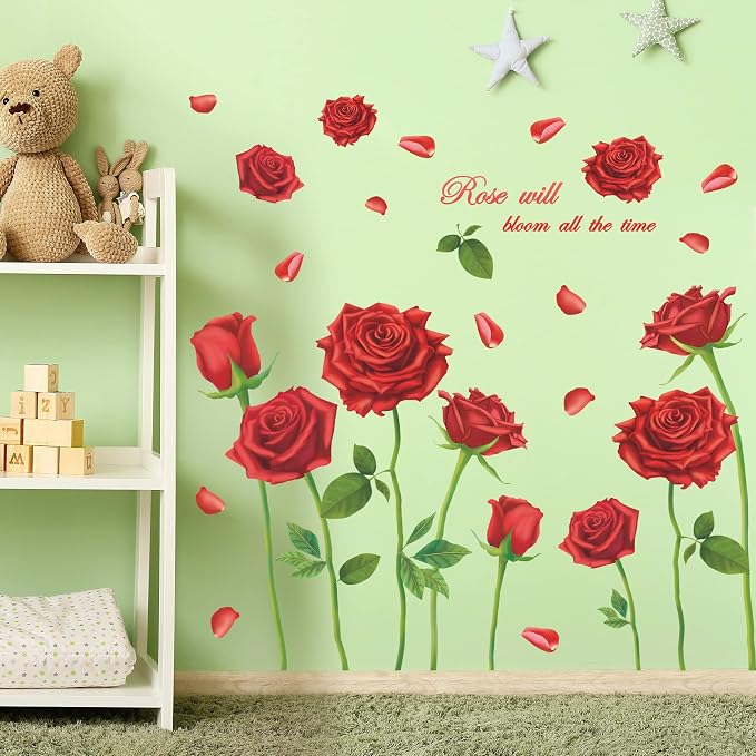 LiveGallery Beautiful Lovely Rose Flowers Wall Decals Removable DIY Butterfly Flower Vines Art Decor Wall Stickers Murals for Living Room TV Background Kids Gilrs Rooms Bedroom Decoration (Red) - Image 3