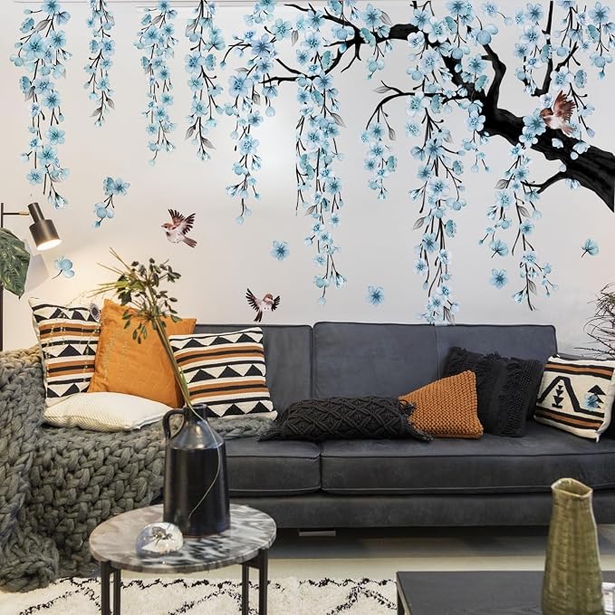 Lilac 4 Sheets Large Blue Cherry Blossom Tree Wall Stickers | Spring Blue Flower Bird Wall Decals Waterproof Wall Murals Decor for Living Room Bedroom (Blue, 11.8 * 35.4inch) - Image 2