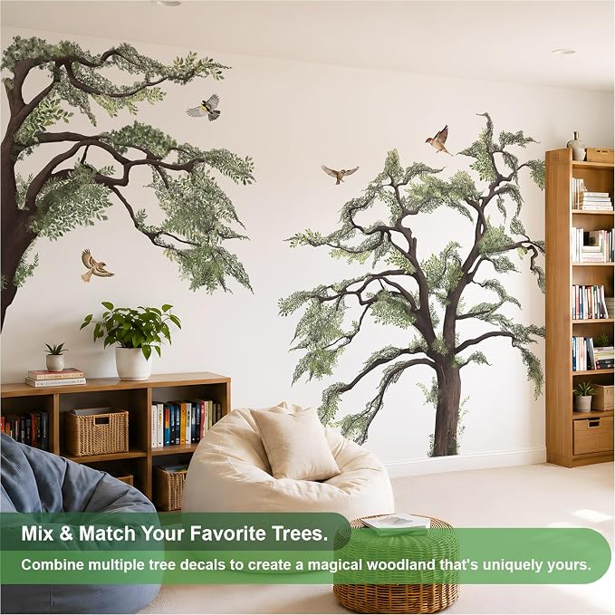 4.8 Ft x 4.6 Ft Oak Tree Wall Decals, Muted Vintage for Teen Room | Woodland Oak Tree Peel and Stick Mural, Bird on Branch, Calming Decor for Teen Study Room, Classroom and Reading Nook - Image 7