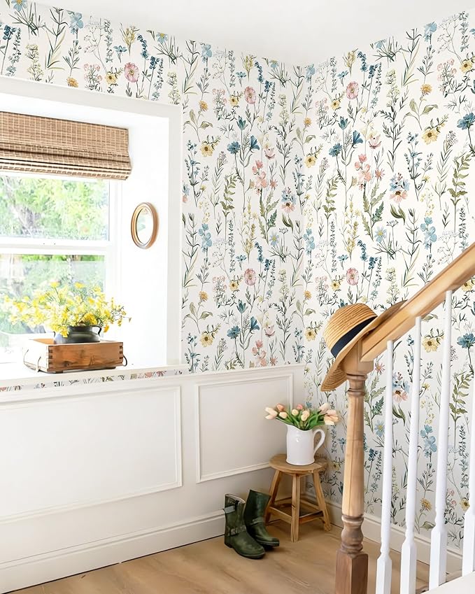 Dimoon Boho Peel and Stick Wallpaper Beige Floral Contact Paper 17.3x197in |Blue Wildflower Botanical Renter Friendly Removable Self Adhesive Stick on Wall Paper Decor for Bathroom Bedroom Vinyl - Image 3