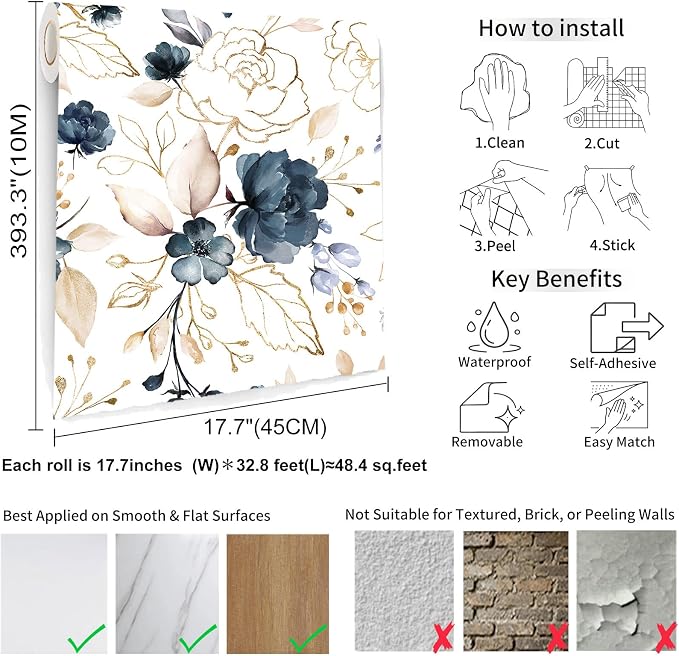 Navy Blue Floral Peel and Stick Wallpaper 17.7"x393.3" | Removable thick vinyl, watercolor botanical design, laundry room, bedroom, bathroom, renter friendly accent walls - Image 6