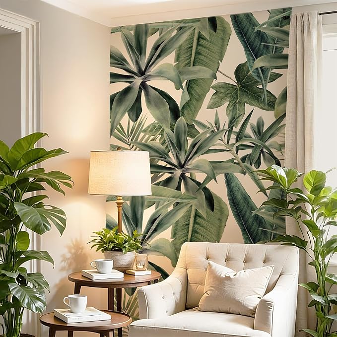 Tropical Peel and Stick Watercolor Green Leaves Wall Mural, Leather Textured Vintage Self-Adhesive Wallpaper for Accent Wall Decor, White Background, 46.3'' x 98.03'' by Flortlias