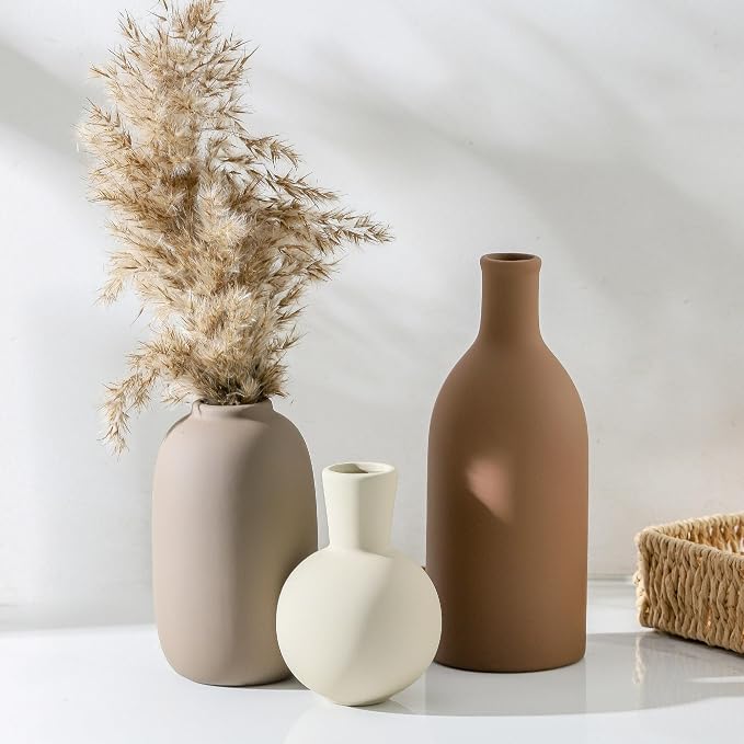 Ceramic Vases Set of 3, Modern Neutral Rustic Farmhouse Home Decor Pottery Pampas Decoration for Living Room, Table, Bathroom, Bedroom, Entryway - Brown - Image 7