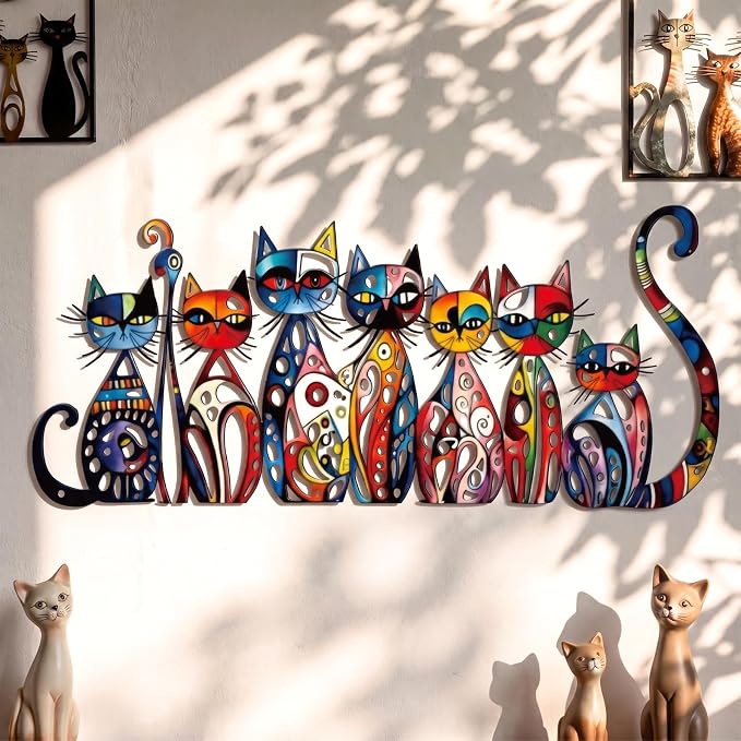 Wesiti Cat Wall Art Decor Metal Sculpture Colorful Retro, 15.75x7.02 Inch | Decor for Living Room Bedroom Kitchen, Whimsical Mid Century Metal Sculpture for Feline Lovers, Retro Design Style - Image 3