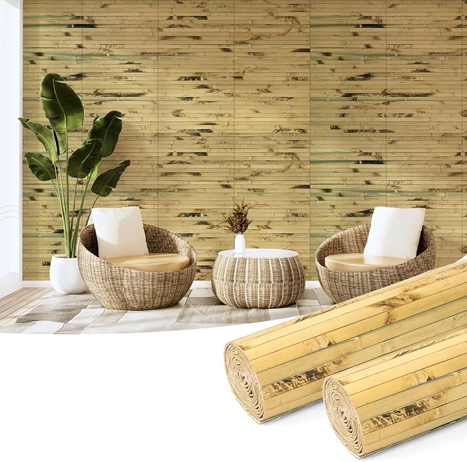 Art3d 12 x 96 in Pole Wrap Natural Bamboo Wall Panel, 2-Pack, Light Burned | Renewable Raw Board, Waterproof, No Emission, Wear-Resistant, Freely Cuttable, Stylish Wall Decor for Bedroom and Office by Art3d