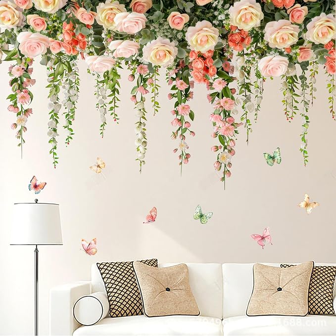 Vivid Roses Wall Stickers, Hanging Vine Floral Wall Decals Butterfly Sticker, Peel and Stick Wallpaper for Baby Nursery Girls Bedroom Living Room Decor - Image 3