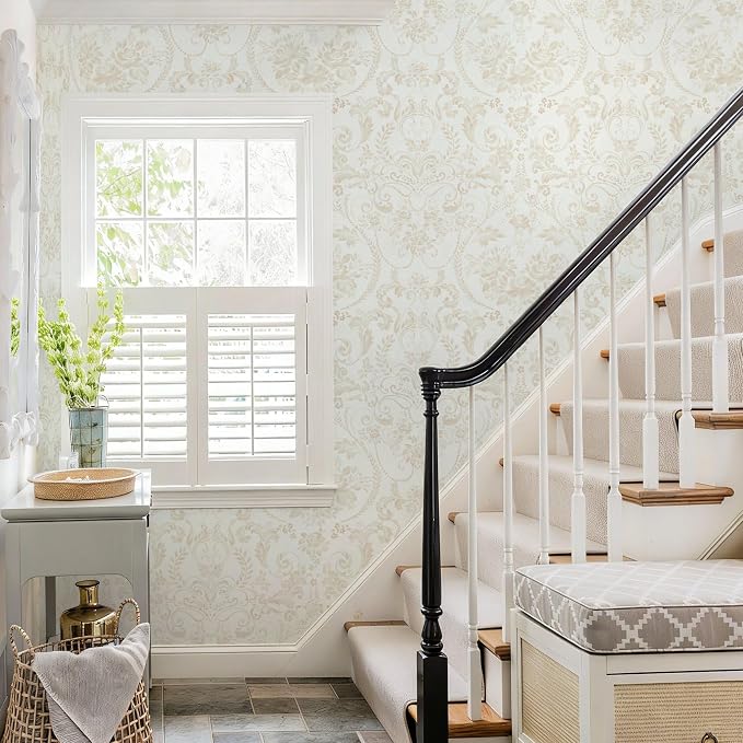Ismoon Floral Peel and Stick Wallpaper Vintage Beige Contact Paper Watercolor Damask Wallpaper Boho Waterproof Removable Self-Adhesive Wall Paper for Bedroom Shelf Cabinet Décor 17.3in x 32.8ft - Image 3