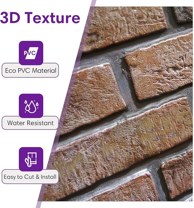 3D Peel and Stick Faux Brick Wall Panels 15.7" x 11.8" 10-Pack | Brown, Brick-Look Textured Wall Sticker, Thin Lightweight PVC Self Adhesive Wall Tiles for Interior Decor, Cover 12.9 sq ft - Image 3