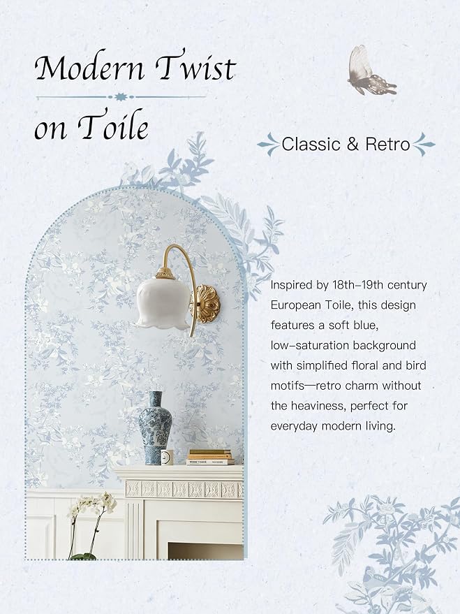Dimoon Blue Peel and Stick Wallpaper Floral Vintage Wallpaper French Country Renter Friendly Contact Paper Bathroom Kitchen Removable Boho Stick on Wall Paper Vinyl Roll 17.3''x197 - Image 3