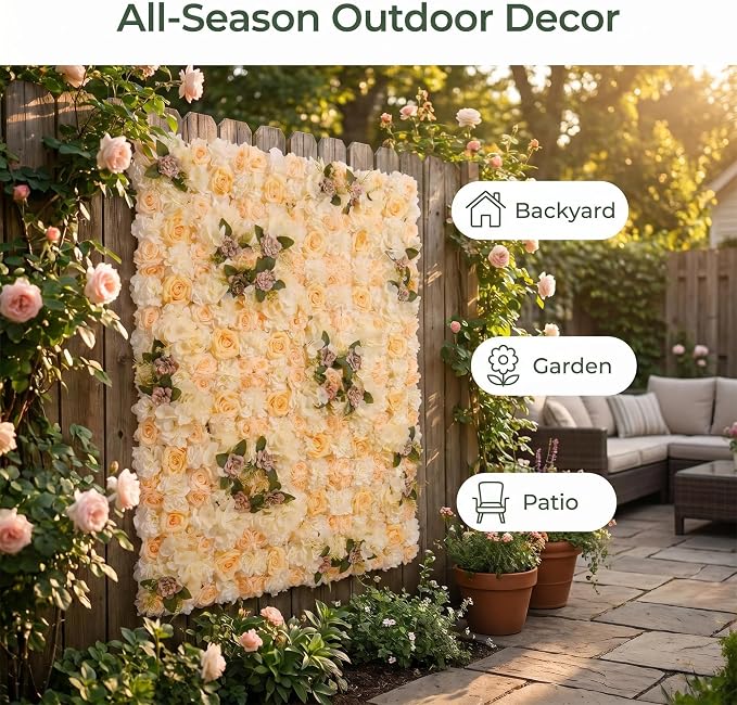 Flower Wall Backdrop, 12 Panels, 16.5x16.5 Inch, Champagne Rose | 3D design, realistic look, Seamless Design,eco-friendly,easy to assemble,reusable,.Suitable for weddings,Party,home décor - Image 5