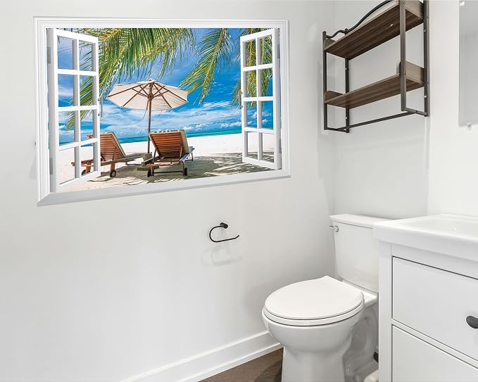 FLFK Fake Window Wall Mural - Ocean Beach Faux Window Wall Sticker for Wall Decor, Peel and Stick Wall Decals,48"x32",Set of 2 Sheets - Image 5