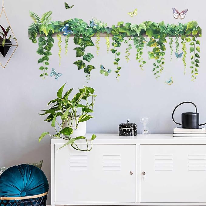 Nature Green Plants Wall Stickers, Peel and Stick Wall Decals | Vivid Vine Print, Peel and Stick Wall Decals, No Wall Scratches, Fits Walls Doors Cabinets Windows Home Decor by MeyRolizn