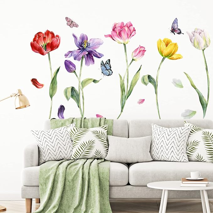 Zonon 6 Pcs Flower Wall Decals Peel and Stick Sticker, Tulip | Vinyl Removable Wall Stickers & Murals, Watercolor Tulip Wall Decals, Colorful Floral Decor for Bedroom, Living Room, Nursery - Image 4
