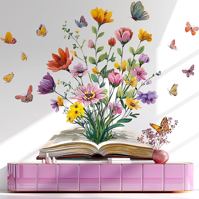 Book Flower Wall Decals Peel and Stick, Floral Butterfly Wall Stickers, Removable Vinyl Art Wall Decor for Kids Room Library Study Reading Nook Bedroom Classroom School Home Decoration - Image 5