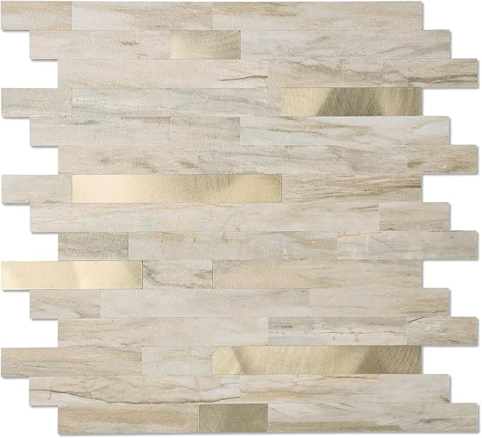 Yipscazo 10 Sheets Peel and Stick Stone Metal Tile Backsplash, Stick on Tiles for Backsplash Kitchen, Bathroom, Laundry Room, Camper, Fireplace (12'' X 12'', Beige Stone with Gold) by Yipscazo