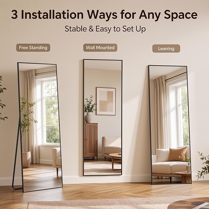 Antok Full Length Mirror, 76"x34" Floor Mirror with Stand, Black, Rect - Image 6
