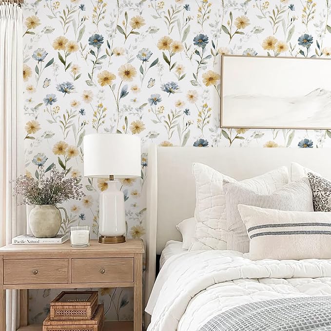 Ismoon Floral Peel and Stick Wallpaper Boho Wallpaper 17.3in x 16.4ft Blue and White Contact Paper Watercolor Flower Removable Wall Paper for Bedroom Nursery Kitchen Girls Room Vinyl - Image 3