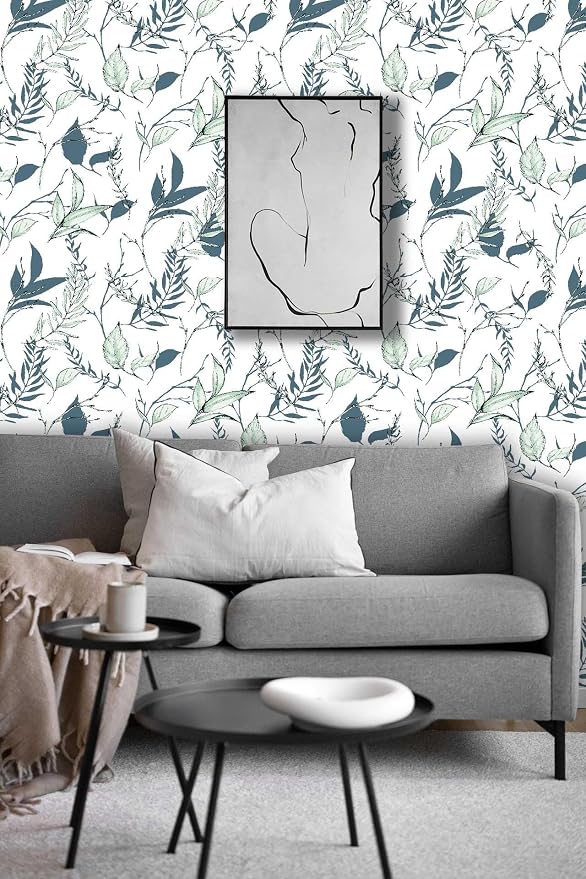 Sage Green and Blue Leaf Peel and Stick Wallpaper 17.7in x 88.5in | Modern self-adhesive removable self adhesive waterproof wall covering for bathroom and accent walls - Image 2