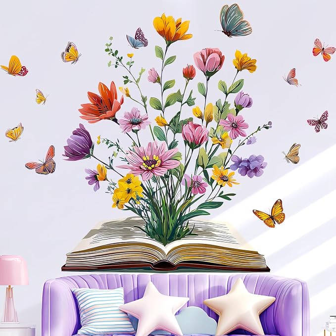 Book Flower Wall Decals Peel and Stick, Floral Butterfly Wall Stickers, Removable Vinyl Art Wall Decor for Kids Room Library Study Reading Nook Bedroom Classroom School Home Decoration - Image 4