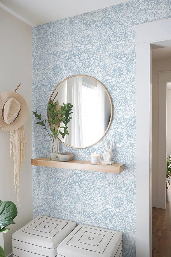 Peel and Stick Wallpaper Boho Blue and White Floral Wallpaper for Bedroom Bathroom Removable Self-adhsive Contact Paper for Cabinets NurseryShelf Liner 17.3" x 118" - Image 3