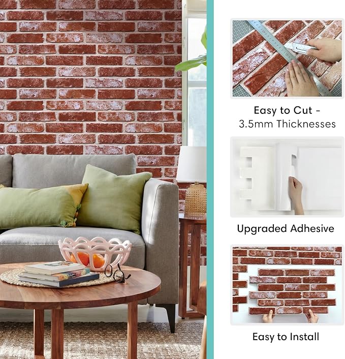 Commomy Faux Brick 3D Wall Panels - Not Real Brick 12 pcs of 22.8" x 11.8" | Thin UrltraLight PVC Wall Stickers Retro Red Brick Peel and Stick Tile for Kitchen,Bedroom, Living Room（Covers 22.48 sq.ft） - Image 5