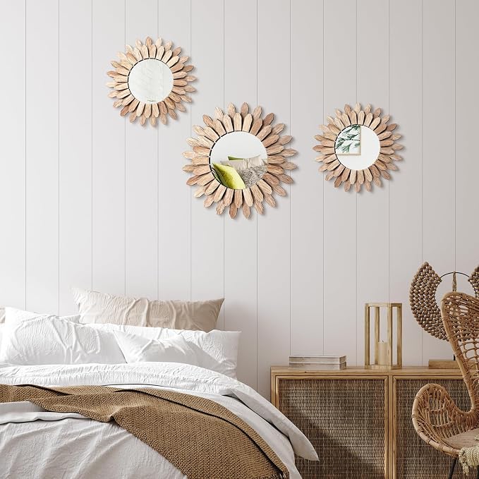 Fourluoo 3 Pack Boho Wall Decor Mirror Wood Sunburst Mirror Rustic Farmhouse Wall Art Decor for Room Home Living Room Bedroom Entryway - Image 4