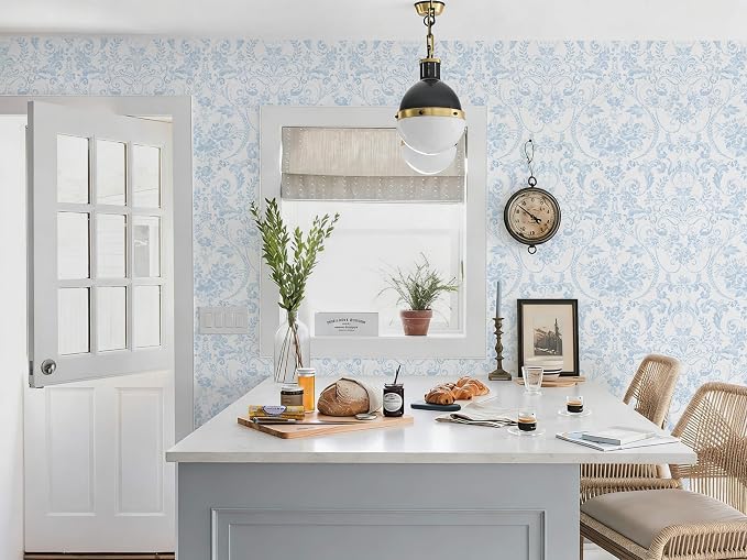 Peel and Stick Wallpaper for Bedroom Blue and White Damask Waterproof | 78.7"×17.3" Blue Modern Damask Watercolor Wallpaper Vintage Accent Wall Decor with Grid Lines for Bathroom Self-adhesive - Image 5