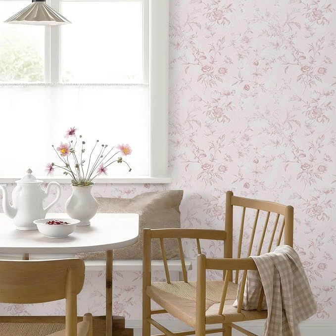 Ismoon Floral Wallpaper Peel and Stick Pink Stick on Wall Paper Vintage French Contact Paper for Cabinet Textured Removable Self Adhesive Wallpaper Vinyl Roll Shelf Deco, 17.3x393in - Image 7