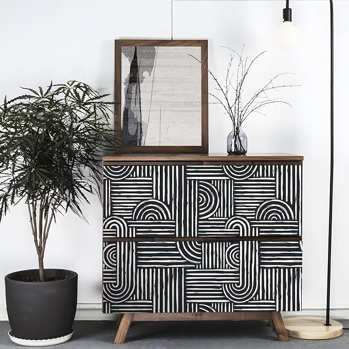 Livelynine Geometric Peel and Stick Wallpaper Black and White Modern Mid Century Geometric Abstract Wall Paper Contemporary Minimalist Lines 17.5x78.8 Geometric Pattern Contact Paper for Cabinets - Image 2