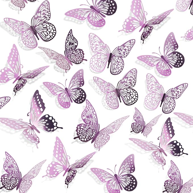 SAOROPEB 3D Butterfly Wall Decor 48 Pcs Lavender Butterfly Decorations | 4 Styles 3 Sizes, Butterfly Birthday Decorations Butterfly Party Decorations Cake Decorations, Removable Stickers by SAOROPEB