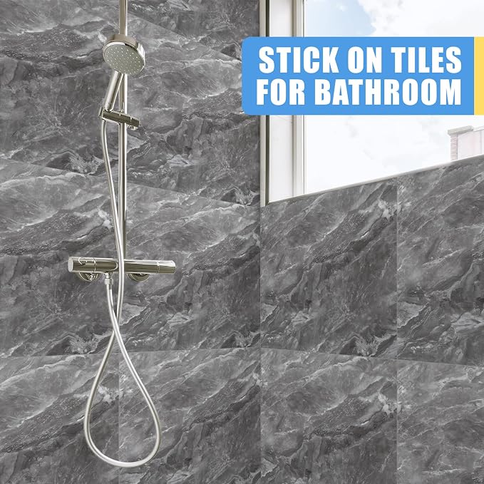 Nuanchu 36 Pcs Peel and Stick Shower Waterproof Tiles Wall Panels 12 x 12 Inch Self Adhesive Backsplash with Ruler Knife & 2 Scrapers for Washroom Bathroom Living Room, Not Real Tile (Dark Gray) - Image 5