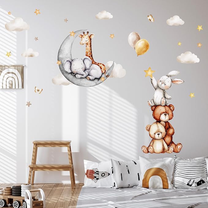 Boho Animals & Moon Wall Decals, Removable Nursery Jungle Animals Balloon Bear Wall Stickers for Kids, Boys and Girls Room, Bedroom, Toddler Room Decor (Animal Stars and Clouds Wall Decor 58) - Image 4
