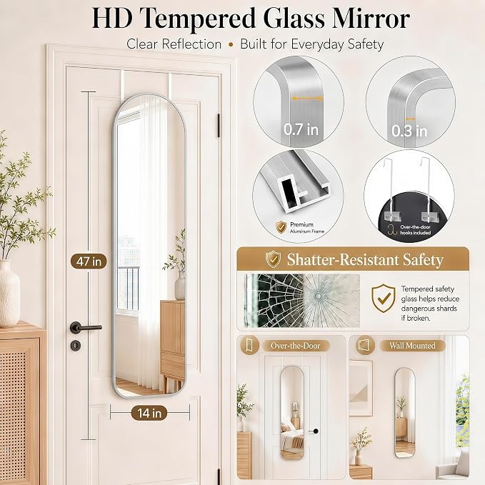 SCWF-GZ 47x14 Full Length Mirror Over the Door Hang or Wall Mounted Silver - Image 2