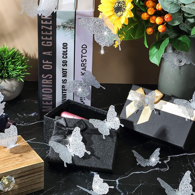 BBTO 48 Pcs 3D Butterfly Mirror Wall Decor,Glitter Silver | Butterfly Stickers,3 Sizes,for Birthday Party Cake,Room Nursery Bathroom Wall Decor,Removable Peel Stick,Reflective - Image 6