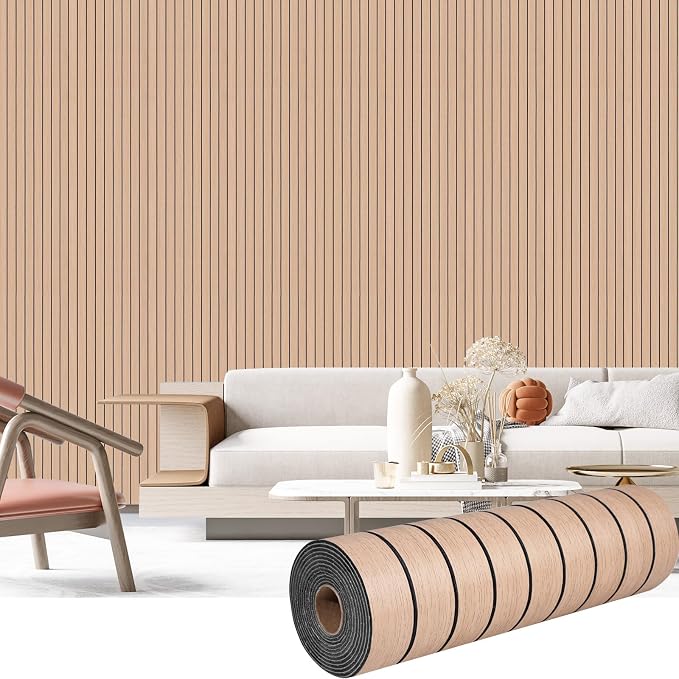 3D Wood Slat Wall Panels Peel and Stick Faux Wood Grain Thick Wallpaper 15.7"x118" Acoustic PET & IXPE Foam Paneling Self-Adhesive Decor for RV Living Room Bedroom Ceiling DIY Accent Wall Covering by Laceskyso