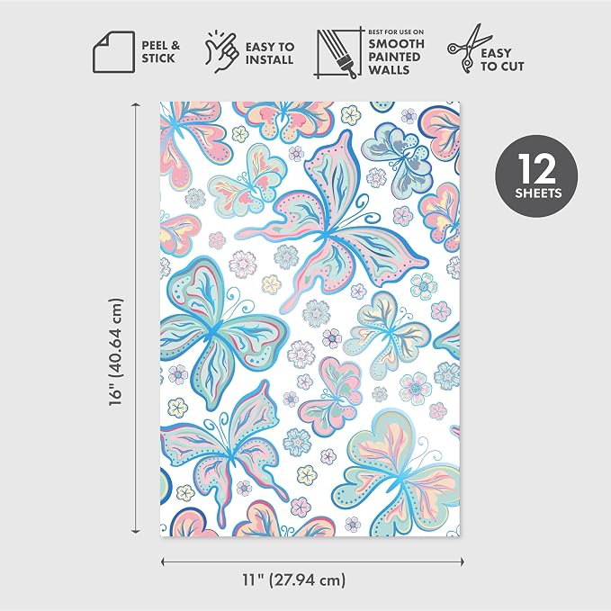 Main Street Peel and Stick Wallpaper Sheets, Bohemian Butterflies, 12-Pack | 11 x 16 in sheet size; Covers up to 14.67 sq ft; Eco-friendly paper material; No paste or additional adhesive required - Image 2