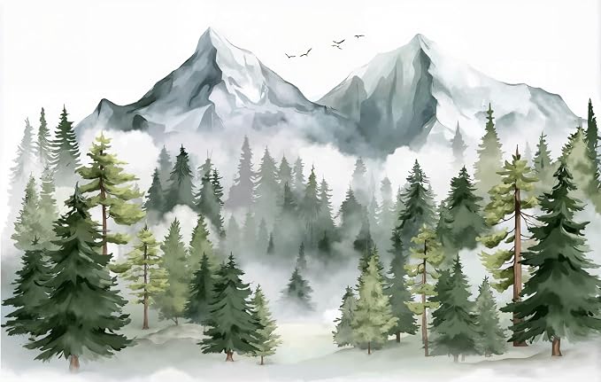 ASJ Forest Peel and Stick Wallpaper Mural, Watercolor Misty Mountain Blue | Seamless edge-to-edge match. Pine tree birds nature artwork, 139x94 in, premium fabric, bedroom living room. - Image 2