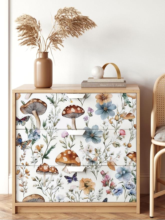 Froluya Mushroom Wallpaper Peel and Stick Boho Contact Paper 16.9" x 118.1" | Vintage Floral Self Adhesive Wallpaper Mushroom Removable Waterproof Contact Paper Peel and Stick for Cabinet Bathroom Vinyl - Image 5