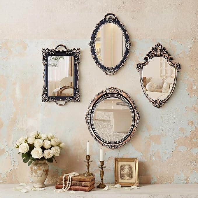 Beeveer 4 Pcs Vintage Gold Wall Mirror Set Luxury Gallery Wall Mirror Decorative Hanging Antique Decor for Living Room Entryway Wedding Bedroom Bathroom Victorian Decor (Vintage,Bronze Gold) by Beeveer