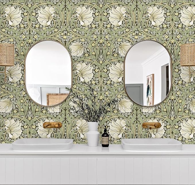 HAOKHOME William Morris Wallpaper Vintage Wall Paper Sage Green Removable | Textured Renter Friendly Stick On Wall Paper Yellow Retro Floral Mural Bathroom Bedroom Nursery Contact Paper 17.3in x 9.8ft - Image 3
