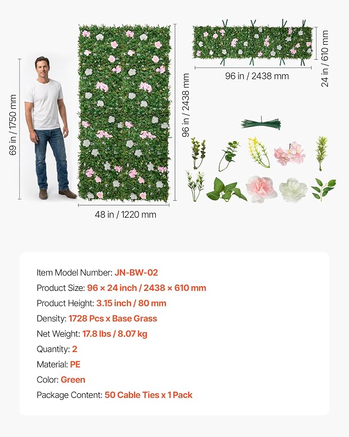 VEVOR Artificial Luxury‌ Flower Wall Backdrop, 2 PCS, Each Panel 2 x 8 ft, Gorgeous 3D Silk Floral Backdrop Pet Friendly, Easy Installation Flower Wall Panel for Wedding, Event, Party,Mixed Leaf - Image 7