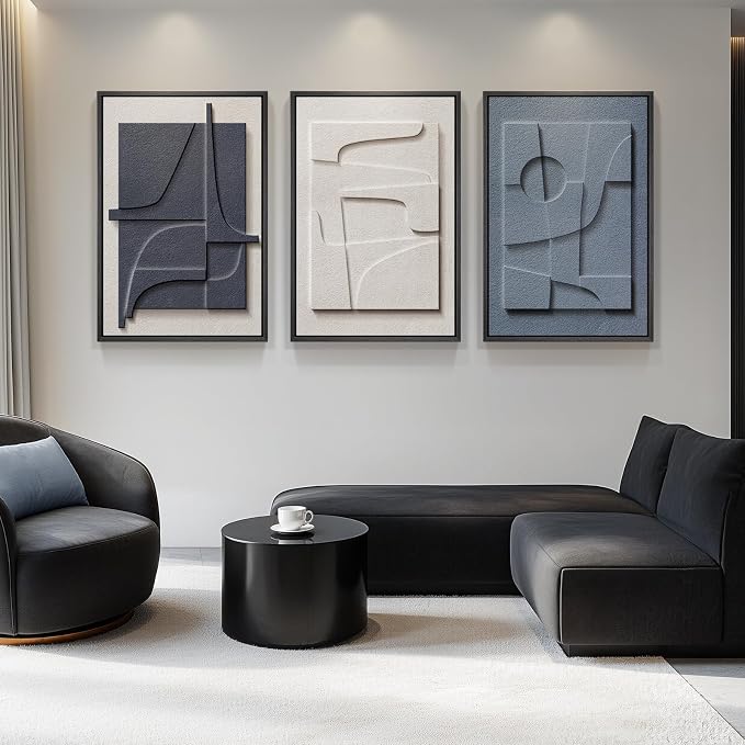Large Framed Blue Abstract Wall Art for Living Room, Modern 3D Artwork | Solid wood frame, Navy blue and white pictures, Set of 3 piece big 24x36 in, Textured paintings wall decor bedroom office - Image 3